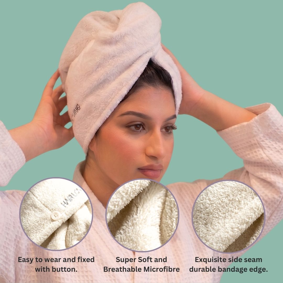Close up of the secure button and loop fastening mechanism on the Hair Loving white microfiber hair drying wrap.