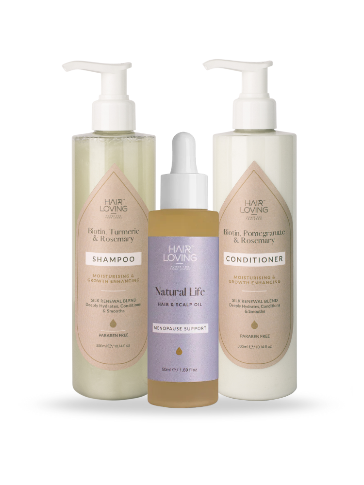 Silk Renewal Shampoo & Conditioner + Natural Life Hair Oil Trio for Hair Growth after 40 – Biotin, Rosemary & Pomegranate Treatment to Nourish, Strengthen & Revive Menopause Hair